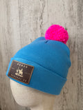 Leather Patch Pom Beanie – Blue & Pink