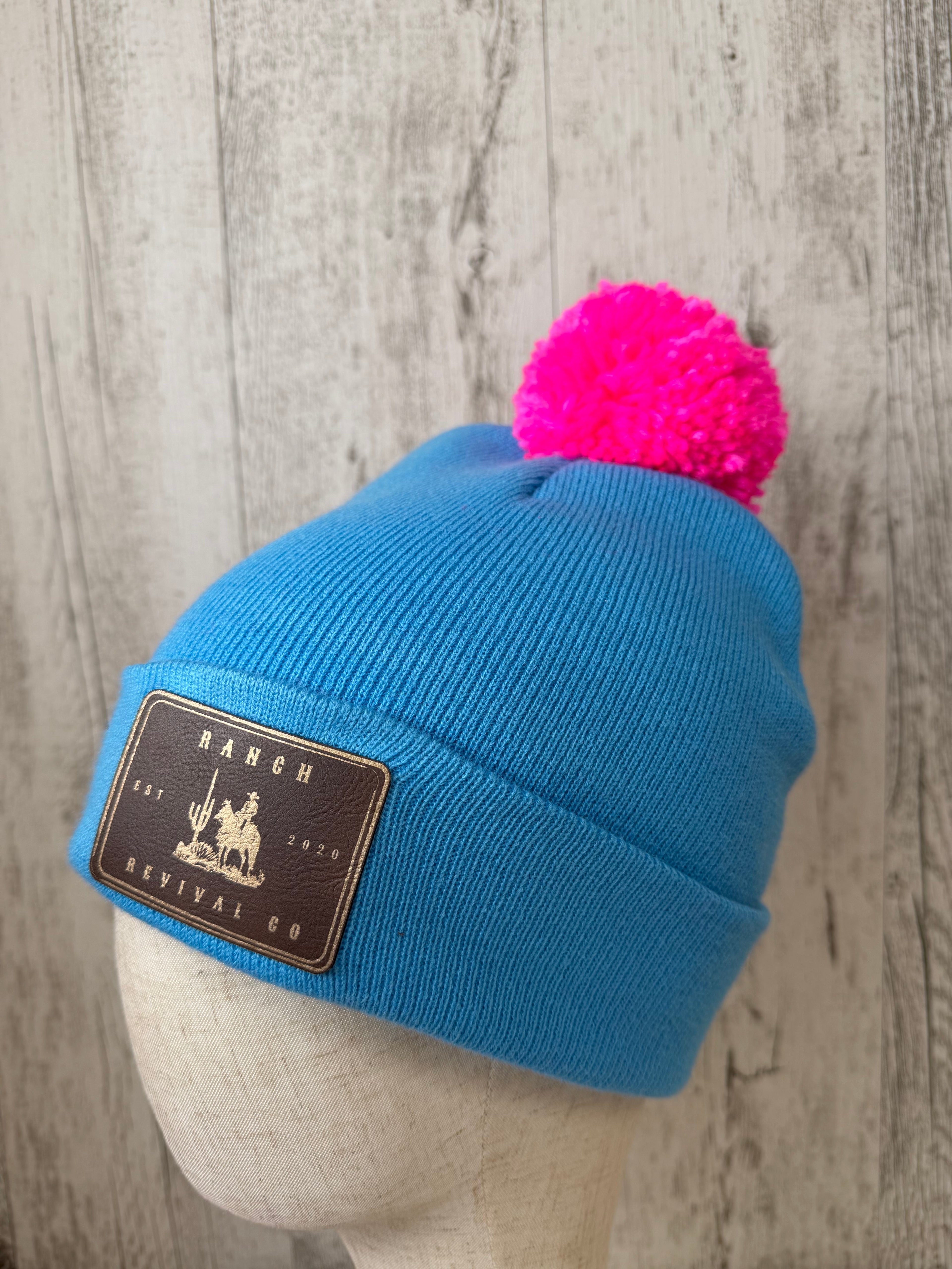 Leather Patch Pom Beanie – Blue & Pink
