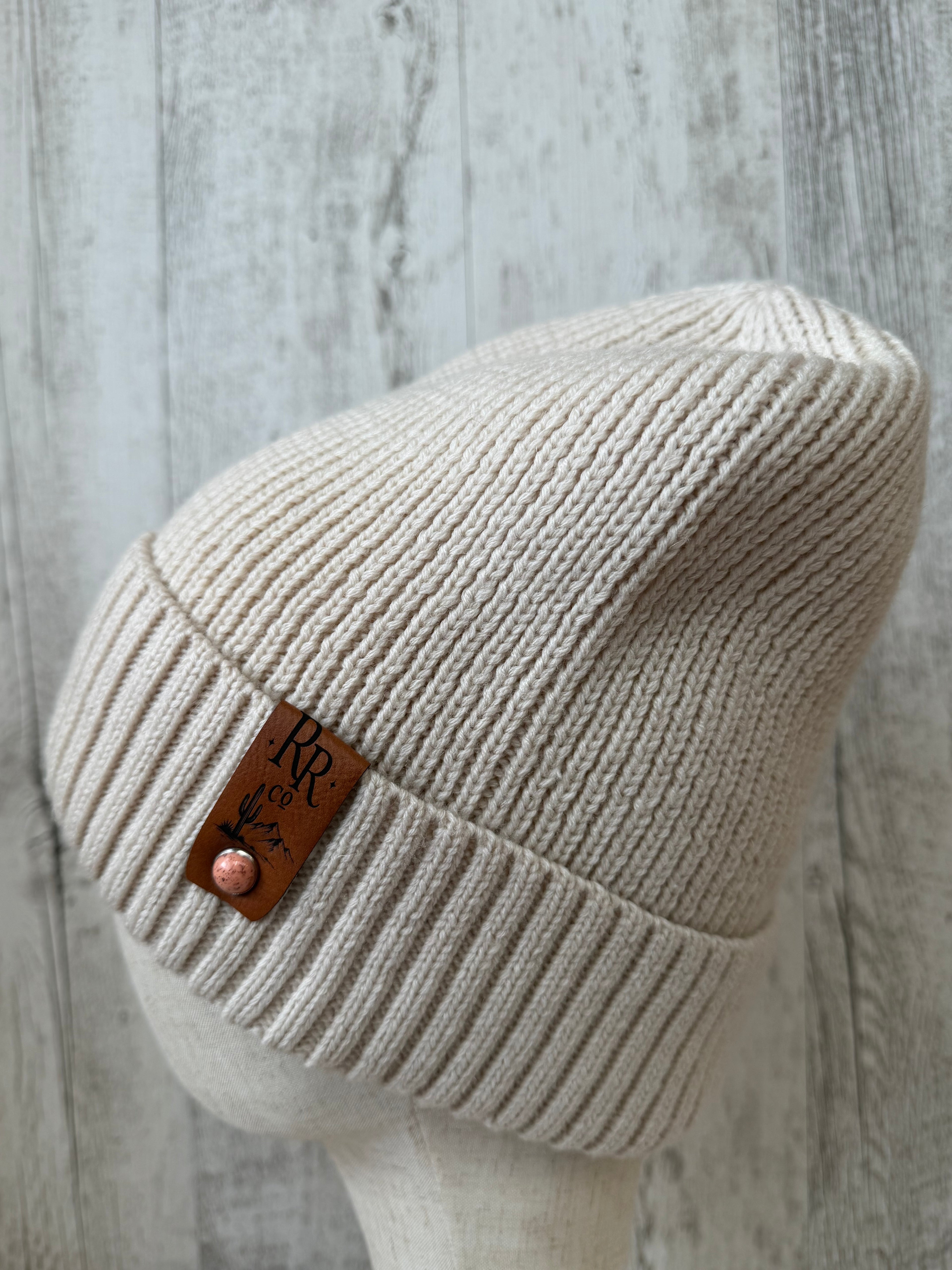 Merino Wool Leather Patch Beanie – Oatmeal