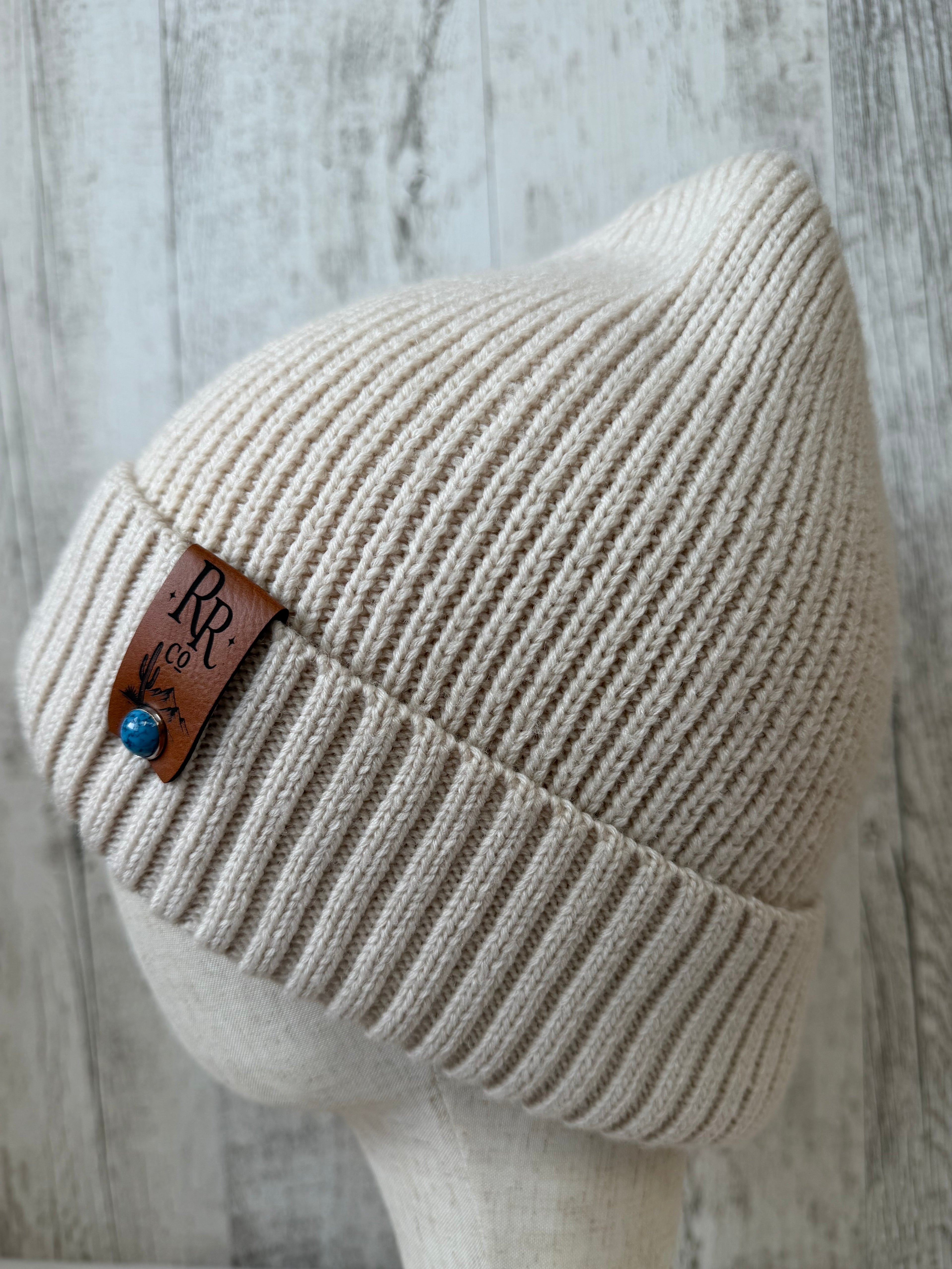 Merino Wool Leather Patch Beanie – Cream